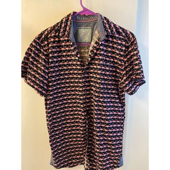 Good Vibes slim fitting button shirt top flamingo birds small S - Picture 1 of 4